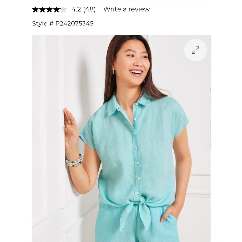 Talbots Linen Tie hem Short Sleeve Shirt Aqua Petit Small